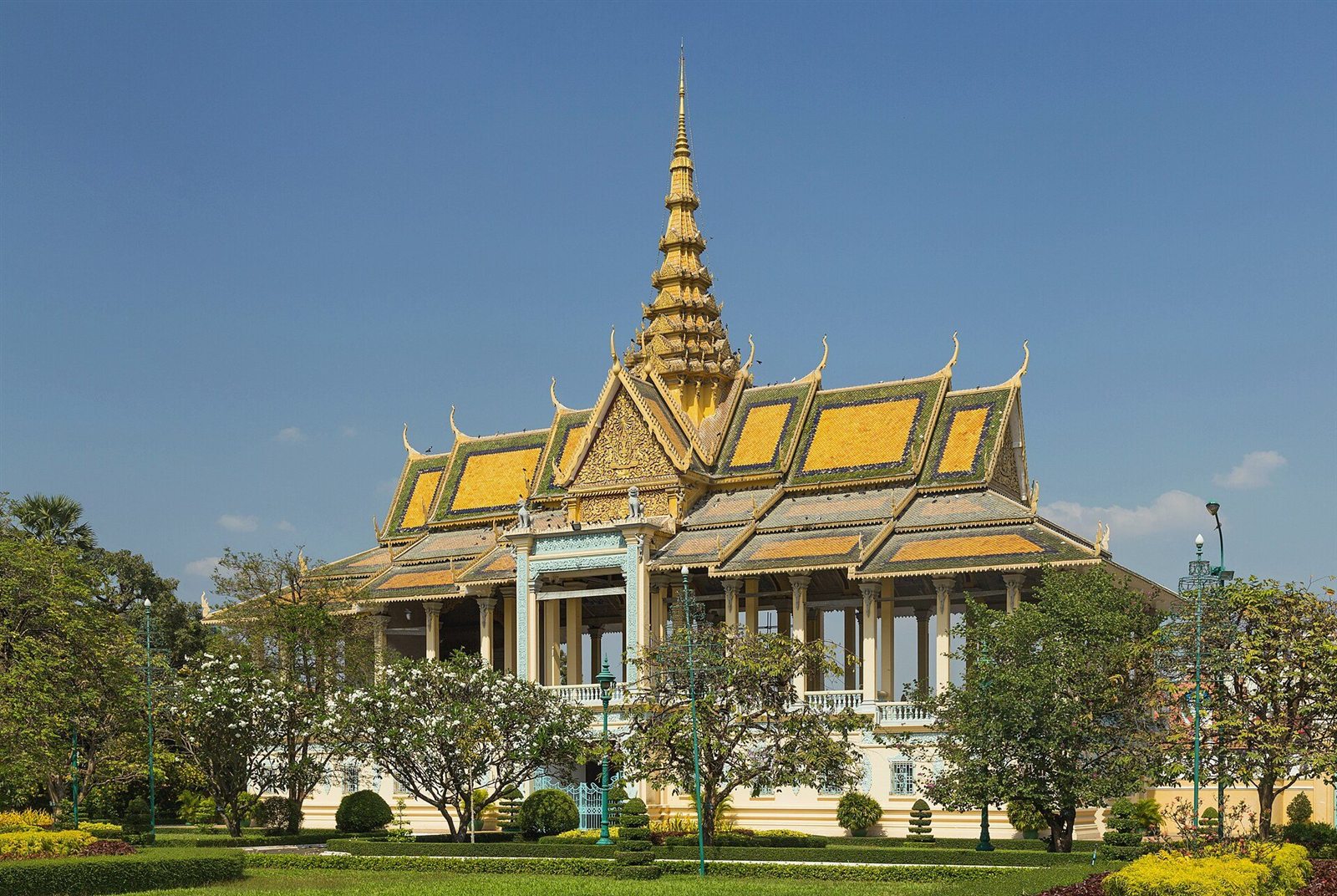 The ornate golden roofs and gardens of the Royal Palace in Phnom Penh